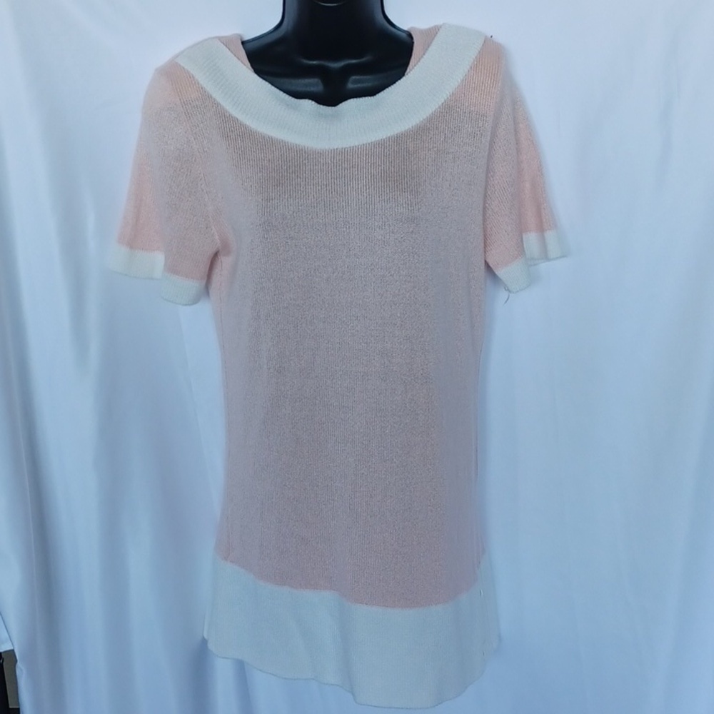 Ami Vintage Sweater, 1980s,  coral & white, shoulder pads, knee length